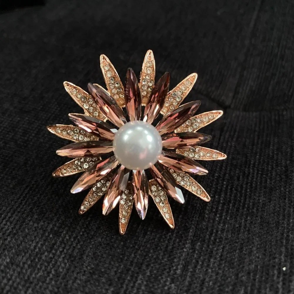 Starburst Sparkly Floral Snowflake Brooch with Faux Pearl and Burgundy Navettes